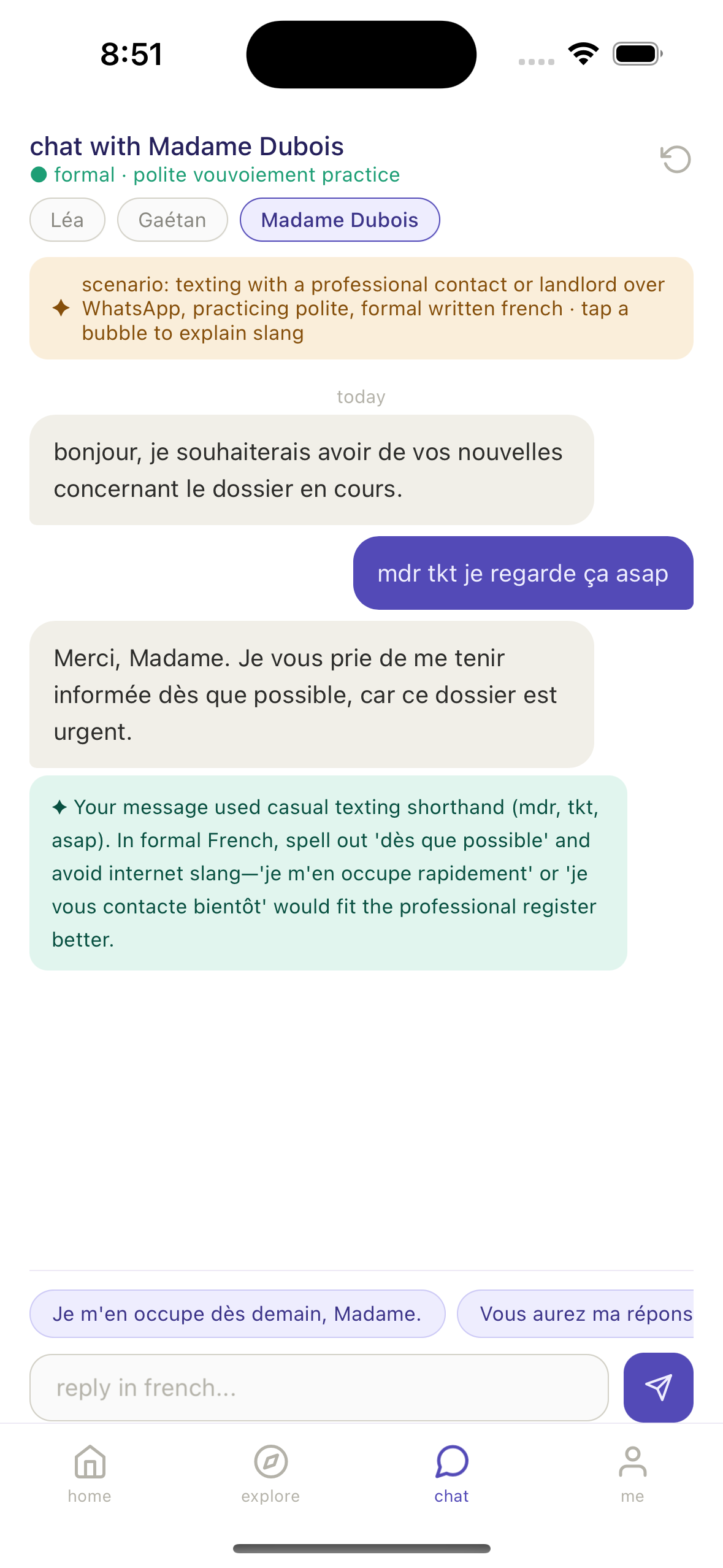 Formal chat with Madame Dubois and naturalness feedback
