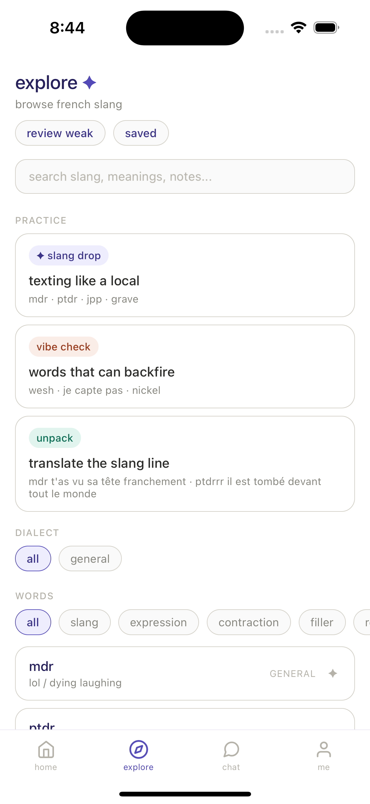 Explore screen browsing French slang