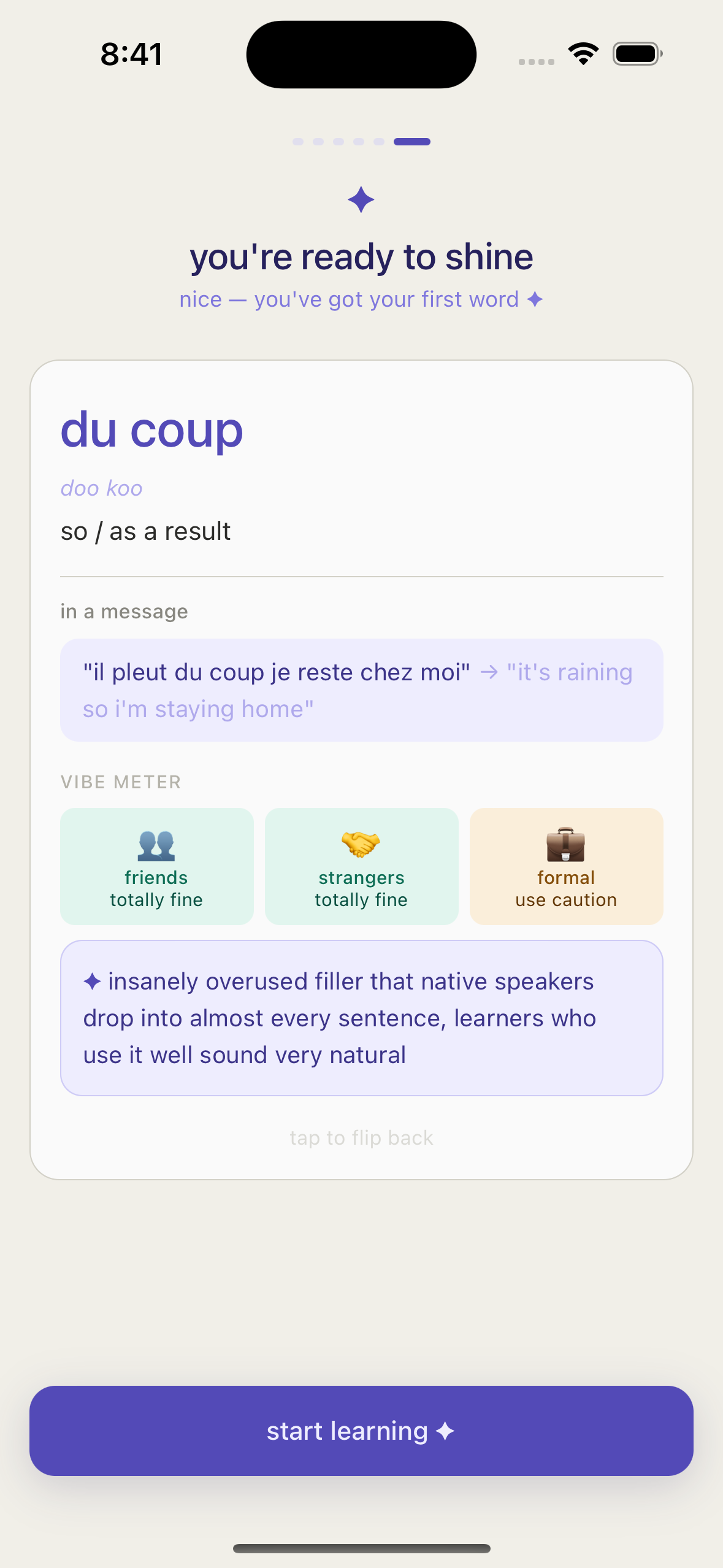First slang word card for du coup