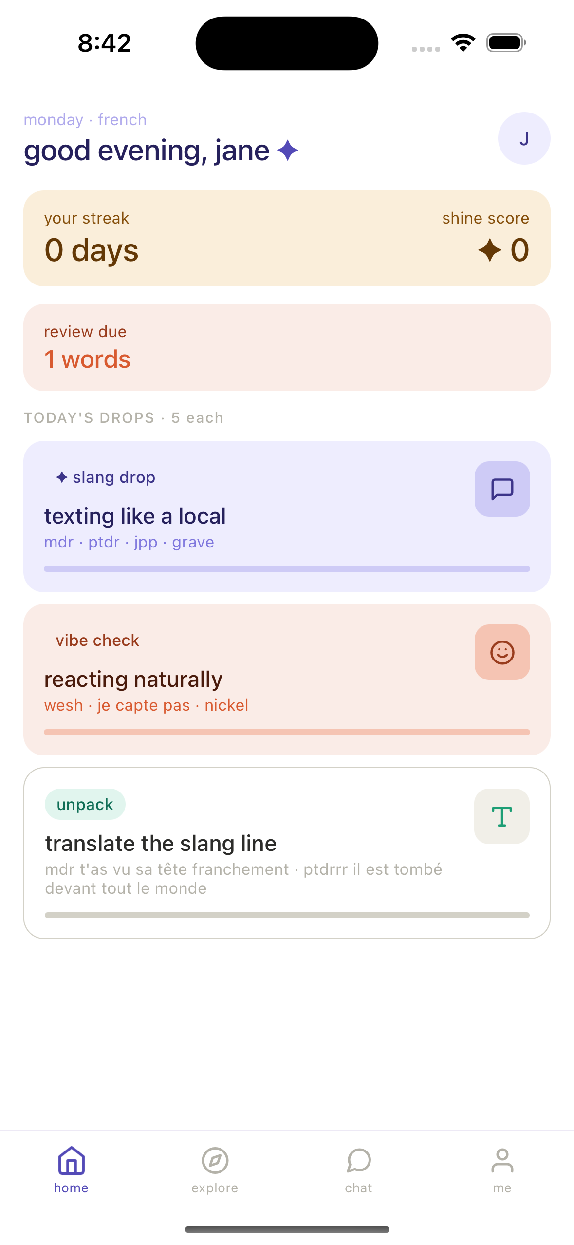 Parla home screen with slang practice