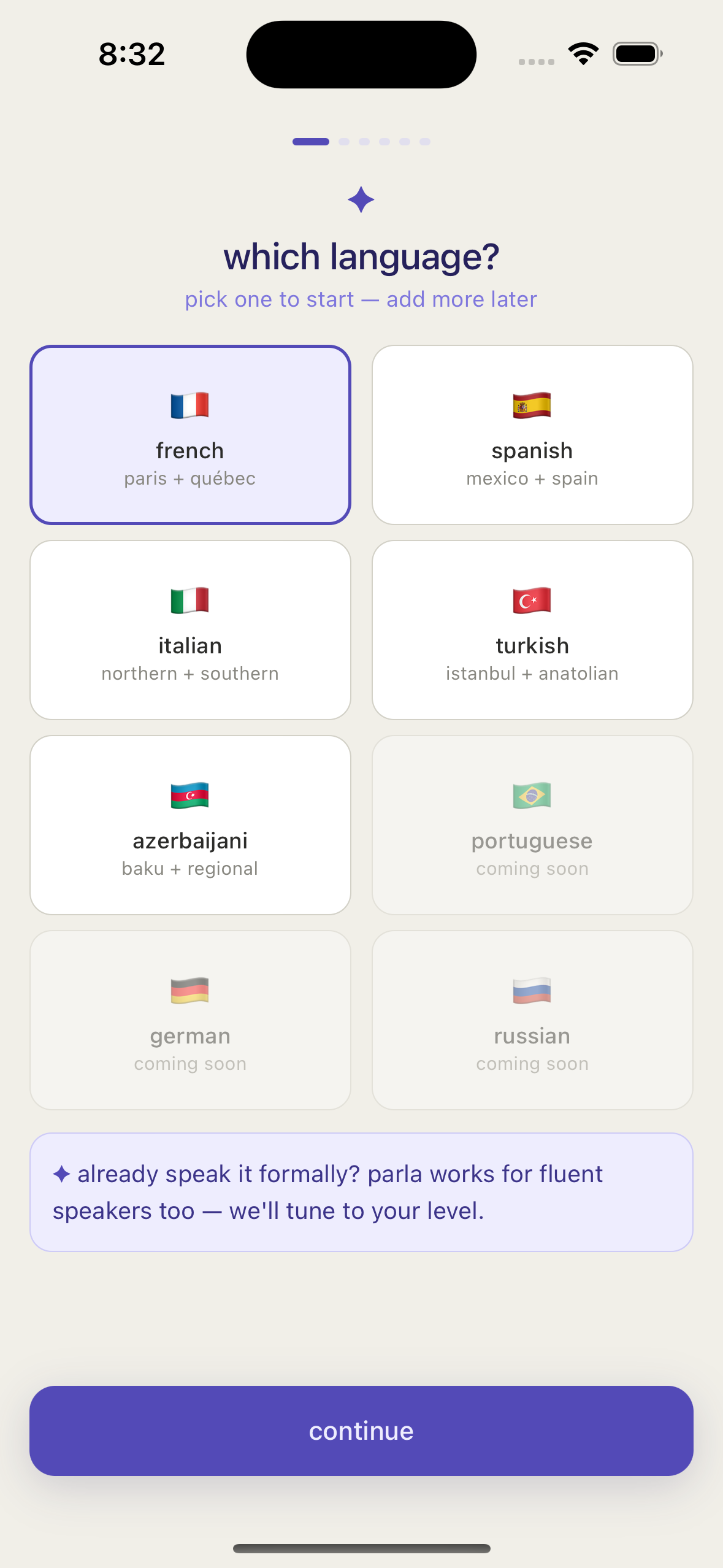 Onboarding language picker with French selected
