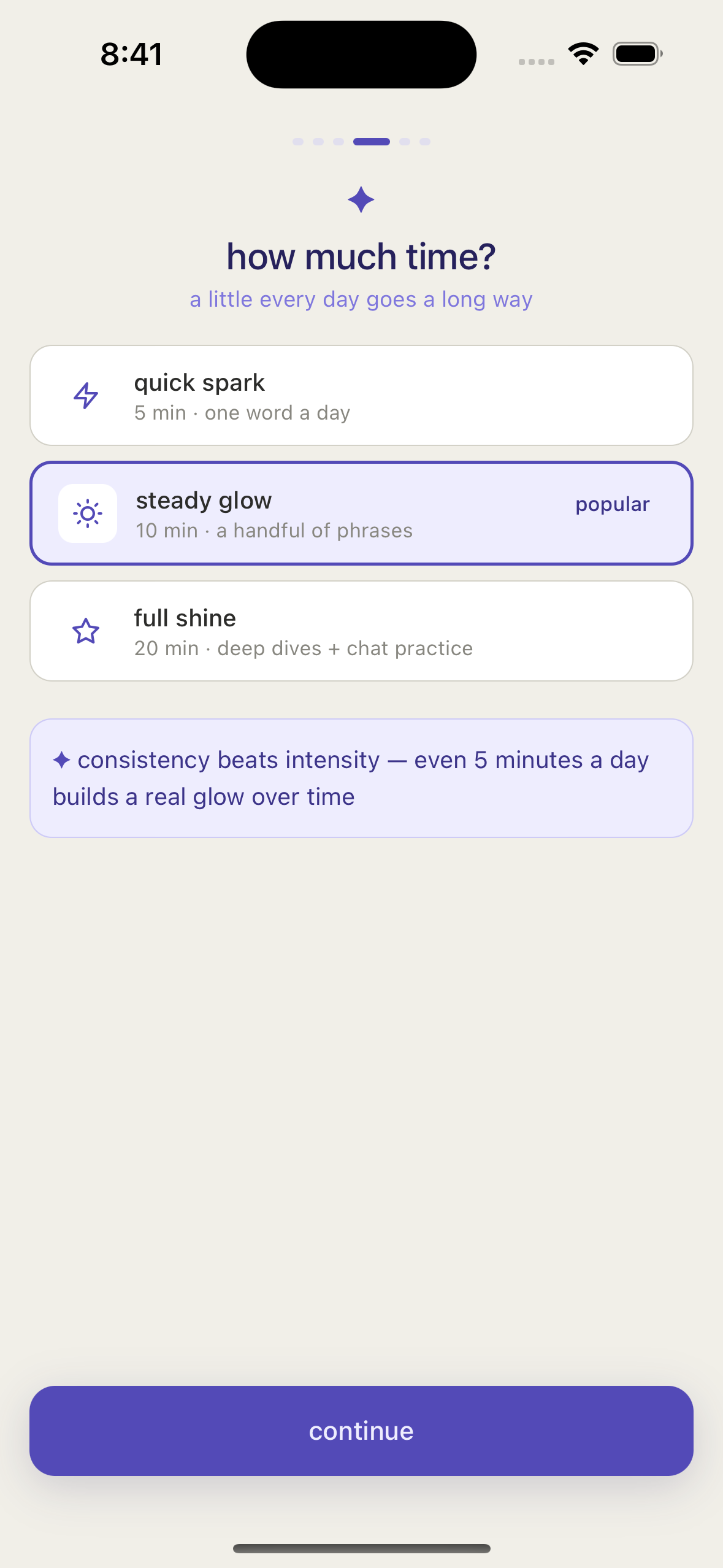 Onboarding daily time commitment screen