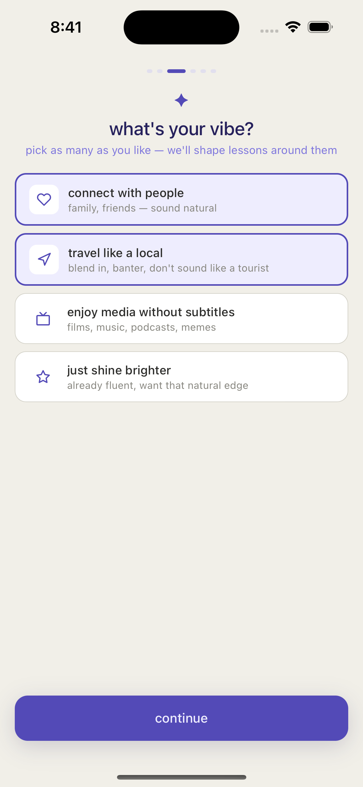 Onboarding goals screen