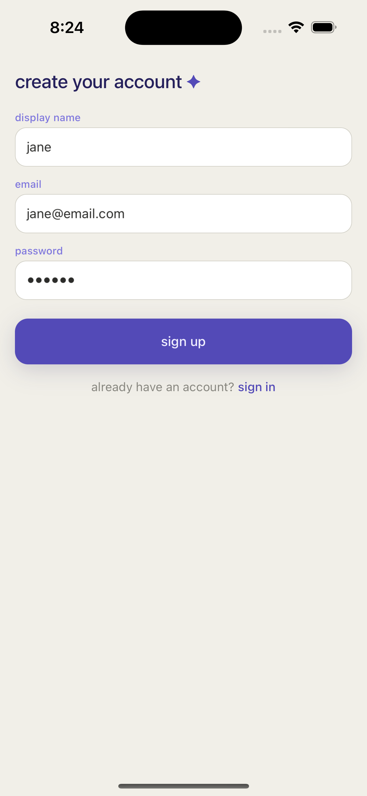 Create your account sign up screen