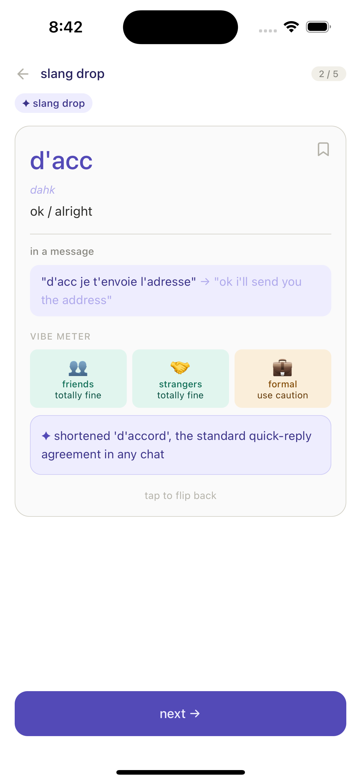 Slang drop card with vibe meter