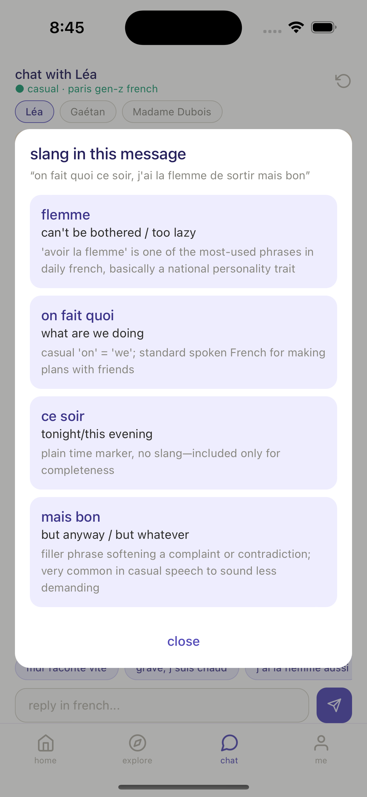 Slang breakdown modal over a chat message
