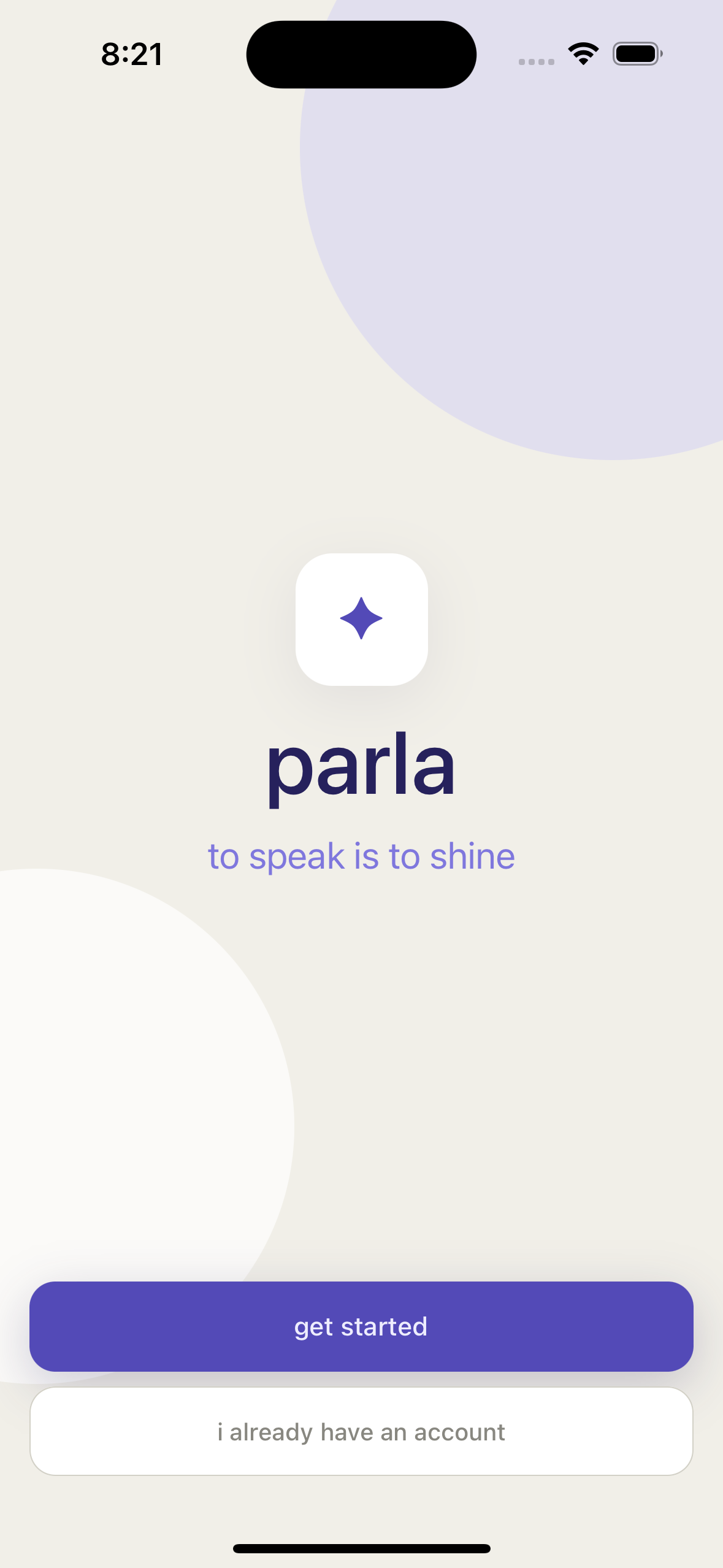 Parla splash screen with get started